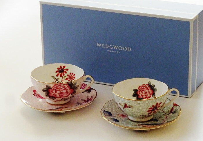 ウエッジウッドWEDGWOOD　ハーレクインカッコー　ティーカップ＆ソーサーペア　（ピンク、グリーン）【ブランドボックス付属】【御結婚御祝・内祝・新築御祝・還暦御祝・御礼・寿・ギフト包装可能】