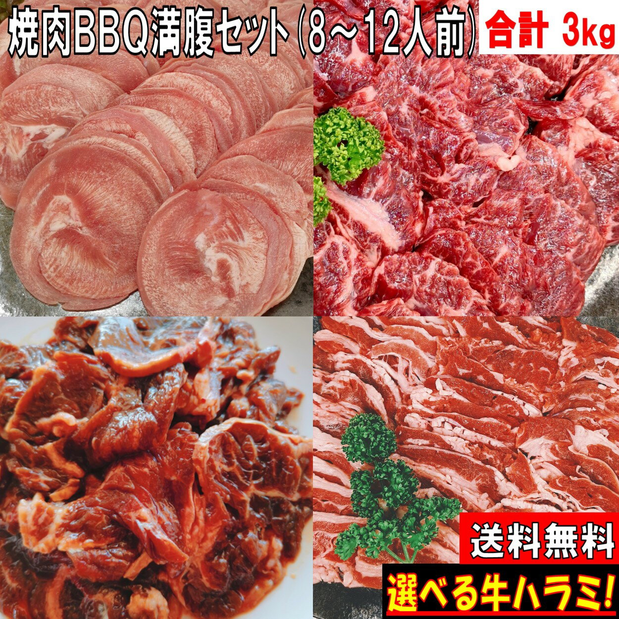 肉セット 焼き肉 バーベキュー肉 焼肉セット バーベキュー 食材 BBQ 肉 焼き肉セット タン 牛カルビ 牛バラ 牛ハラミ 牛肉 豚肉 BBQ 食材 バーベキューセット 食材 3.0kg 送料無料 8〜12人前