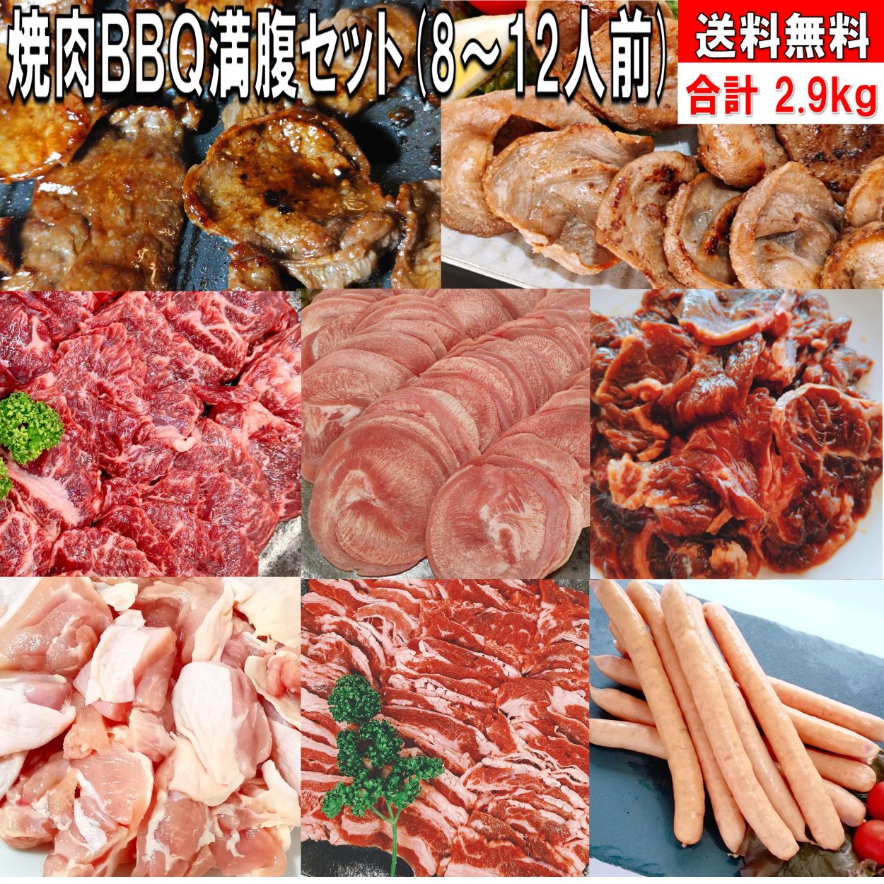 焼肉セット バーベキュー 肉 BBQ 食材 2.9kg 豚肉 バーベキュー 食材 BBQ 肉 焼き肉 セット タン 牛カルビ 牛バラ 牛ハラミ 豚カルビ 豚バラ 鶏もも肉 牛肉 BBQ食材セット ウインナー ソーセージ 鶏肉 送料無料 8〜12人前