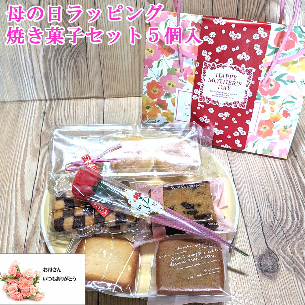 遅れてごめんね♪【母の日】プ レゼント ギフト ラッピング 焼き菓子5個入り スイーツ 花 セット 送料無料 神戸スイーツ 2024 手提げ お菓子 おしゃれ mother プチカーネーション（造花）メッセージカード付き 早割 ははの日