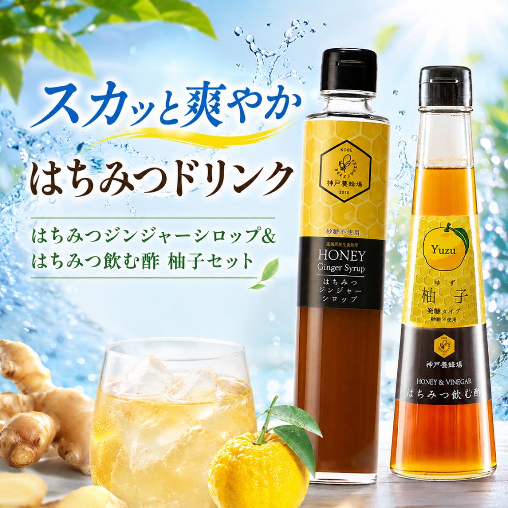 はちみつジンジャーシロップ＆はちみつ飲む酢 柚子セット｜ゆず 生姜 はちみつ りんご酢 希釈ドリンク 健康 ドリンク 温活 炭酸水割り 水割り