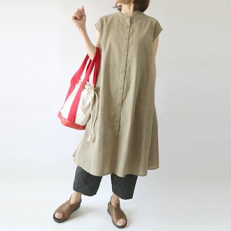 綿100％　バンドカラー　フレンチスリーブ　フレア　チュニック　涼しい　ナチュラル　大人カジュアル　きれいめ　40代　50代　60代　ふんわり　体型カバー