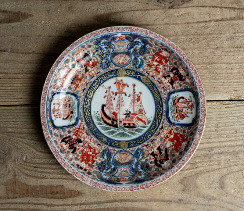 骨董○大聖寺伊万里染錦南蛮図皿○W14.7cm / 南蛮船と南蛮人の図 | 明治時代-19世紀頃 |肥前磁器 | 肥前有田 / 佐賀県 / 伊万里 | 古伊万里 / old imari / ジャパンアンティーク/ 【古美術】【骨董】【中古】【3,980円以上で送料無料】【三浦古美術WEB】2308