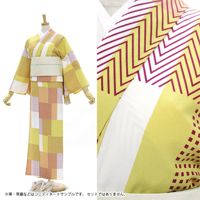 撫松庵　スクエア　イエロー　bsyoanp34 お仕立て上がり プレタきものお仕立て上がりきもの【洗える着物】【送料無料】