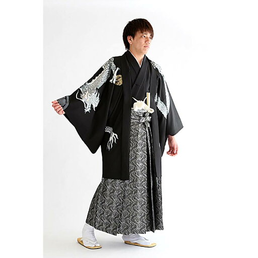 【レンタル】男紋付袴 羽織袴フルセット上地雄輔ブランド・黒地龍 LLNo-63【成人式】【貸衣装】【送料無料】180cm前後対応 【レンタル】男紋付袴 羽織袴フルセット上地雄輔ブランド・黒地龍 LLNo-63【成人式】【貸衣装】【送料無料】180cm前後対応