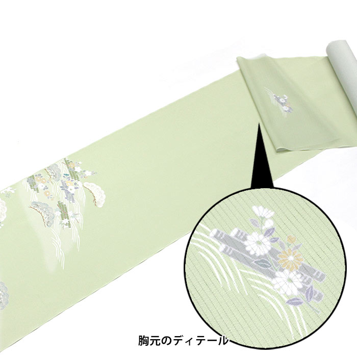 【東レシルック】絽の付下げ rt98 【反物】【送料無料】絽ちりめん　若草色／波に筏・松