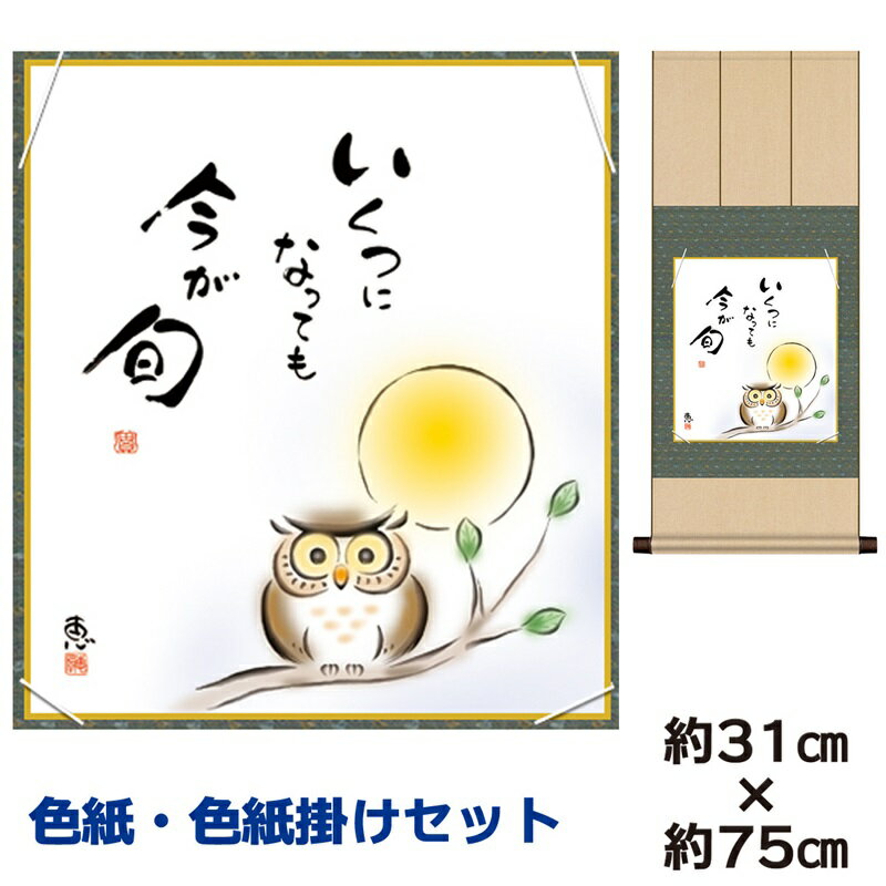 掛け軸 掛軸 床の間 モダン 和風 色紙 色紙掛 セット しあわせふくろう 佐藤恵風 八坂緞子色紙掛 幅31 高さ約75cm 手彩特色 工芸色紙 和小物 現代作...