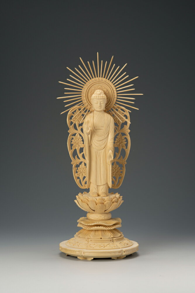 桧木上彫木瓜丸台 西型唐草光背立阿弥陀 4.0寸 35-5 仏像 木彫り 仏像 木彫 仏像フィギュア 仏像 オブジェ インテリア仏像 置き物 インテリアオブジェ 仏壇 仏具