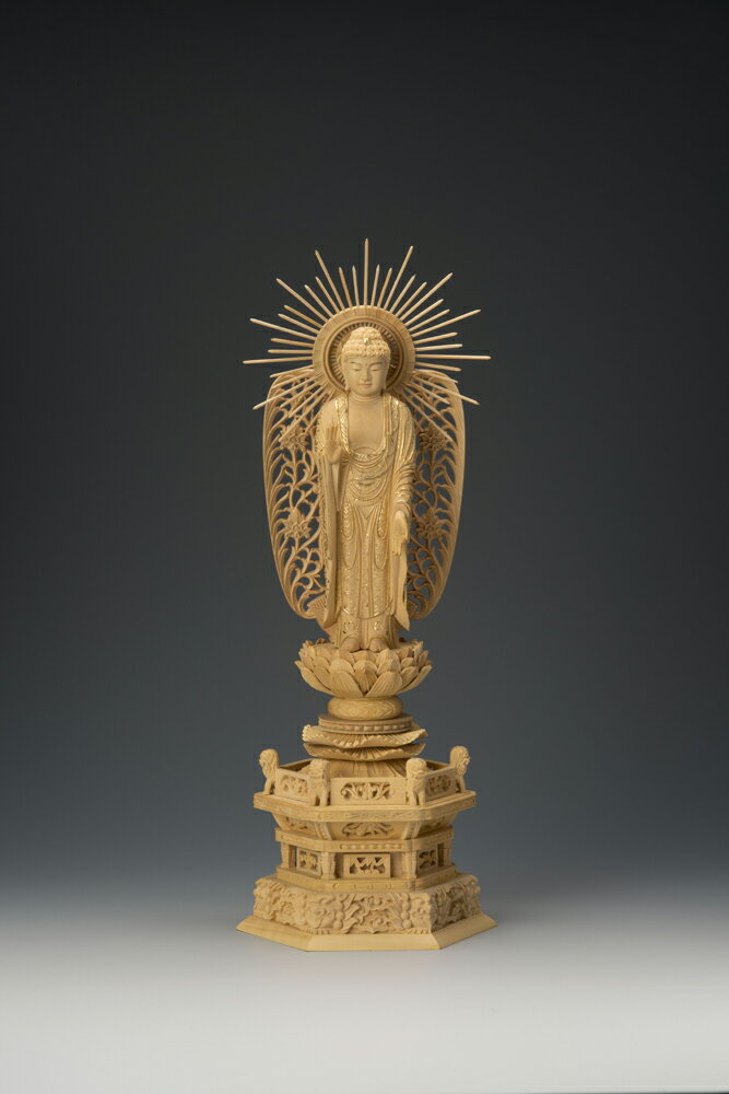 本柘植六角鬼面麒麟台 西型唐草光背眼入切金付立阿弥陀 4.0寸 14-4 仏像 木彫り 仏像 木彫 仏像フィギ..