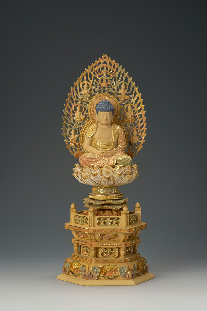 本柘植六角台 彩色切金飛天光背阿弥陀 2.5寸 25-3 仏像 木彫り 仏像 木彫 仏像フィギュア 仏像 オブジ..