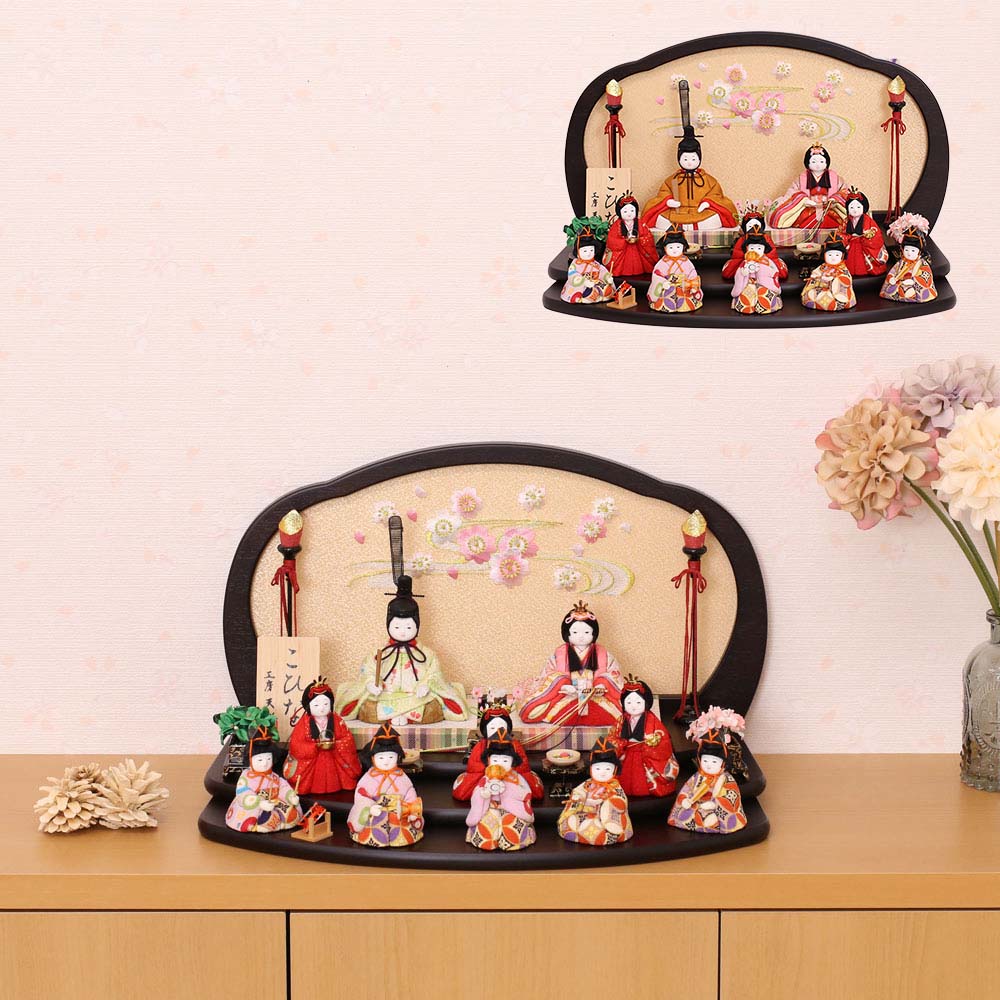 木目込み雛人形 木目込みひな人形 こひな くるみ三段飾り 十人飾り 10人 飾り 刺繍屏風 横幅40 ...