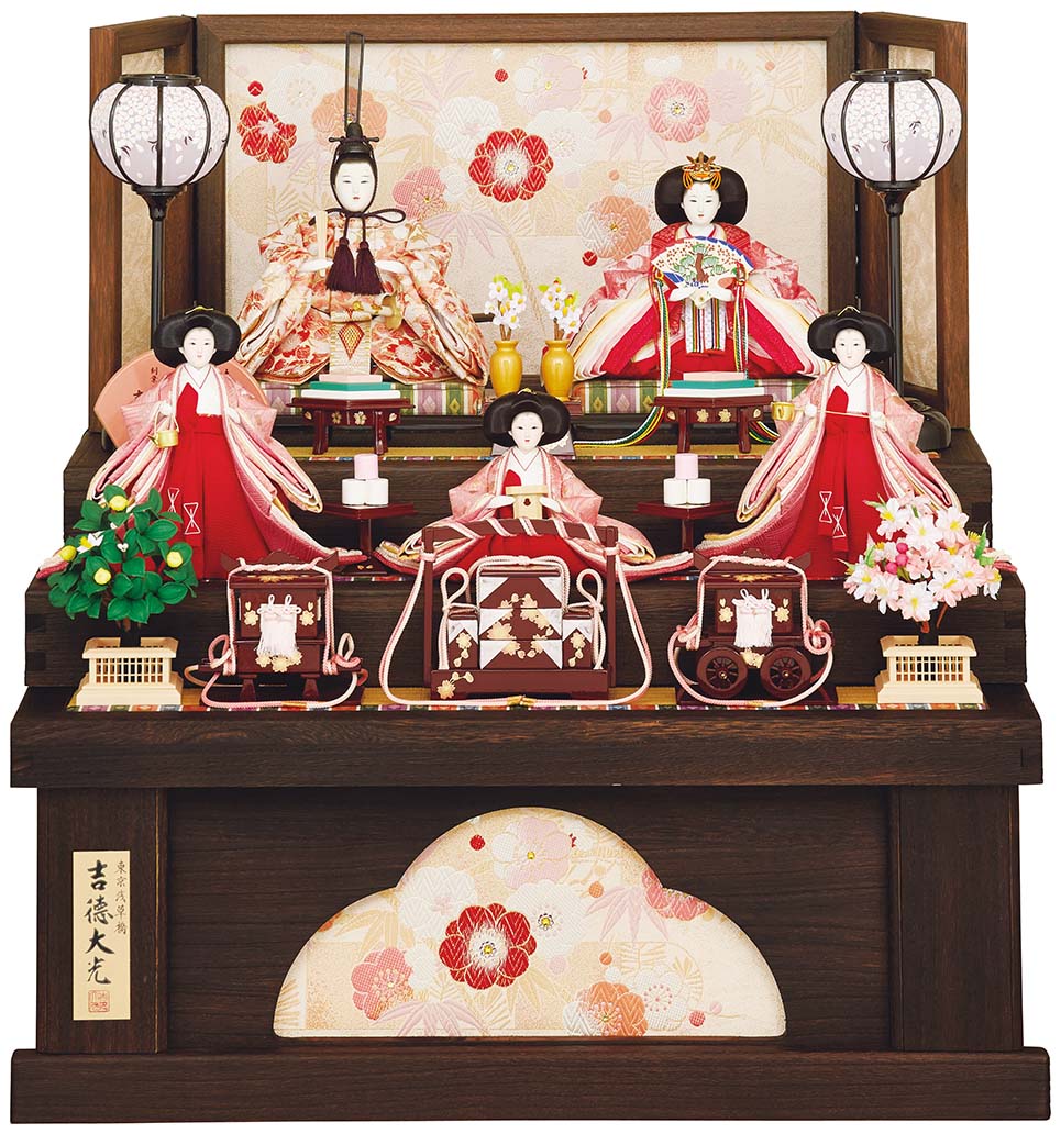 吉徳 雛人形 ひな人形 小三五親王小芥子官女五人飾り 花ひいな 収納三段 焼桐 初節句 お祝い 桃の ...