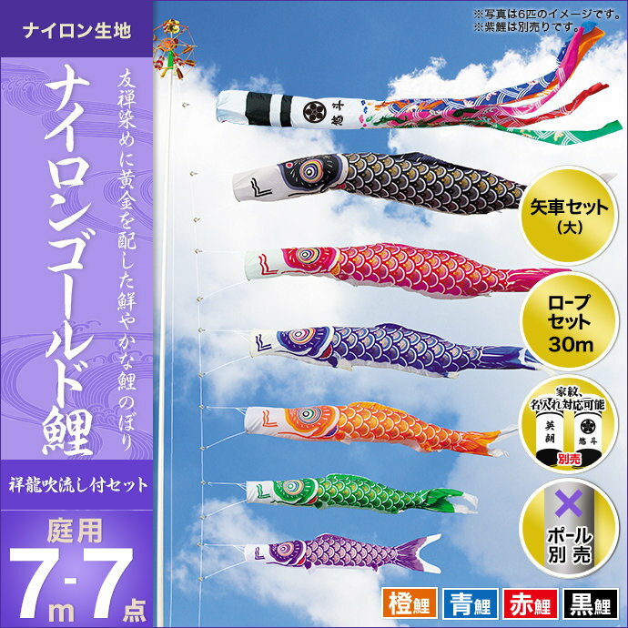 ナイロンゴールド鯉(祥龍吹流し)-7m 4匹7点セット