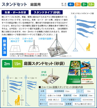 こいのぼり 鯉のぼり 庭園用 庭用 徳永 のぼり 鯉幟 セット各種（矢車・ポール付） 2m6点セット 友禅鯉 庭園用スタンドセット（砂袋）（ガーデン用・スタンドタイプ・砂袋付）（ナイロンタフタ生地使用） 人形広場 おし