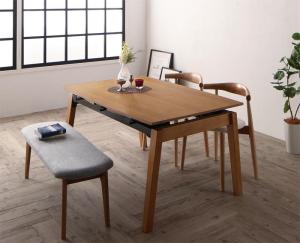 オーク材・ウォールナット材 北欧伸縮式ダイニング 4人 4点セット(テーブル+チェア2脚+ベンチ1脚) W140-240