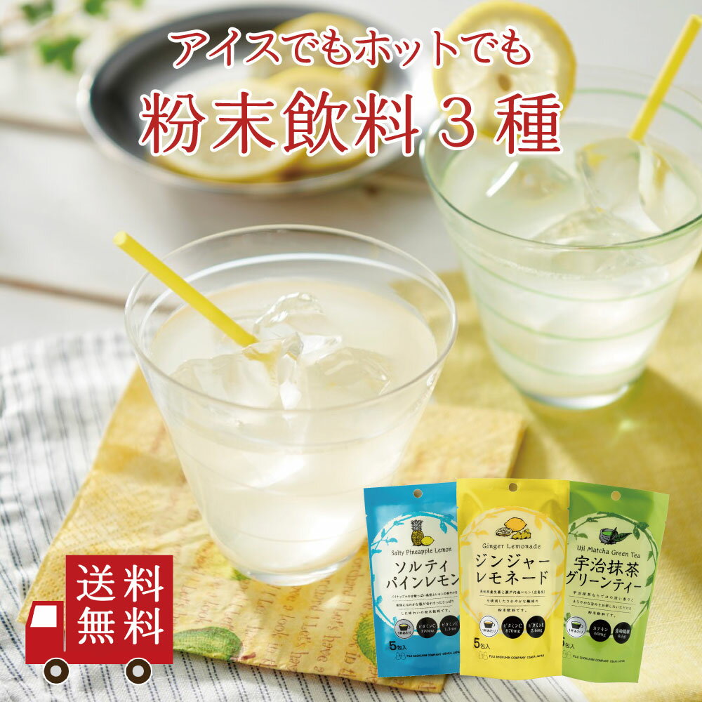【送料無料】不二の粉末飲料 飲み比べ 3種セット【 B-2 】 (ジンジャーレモネード ソルティパインレモン 宇治抹茶 グリーンティー) 生姜 瀬戸内レモン スティック 粉末ジュース 塩分補給 甘酸っぱい 便利 簡単 メール便 めーる便 送料無料