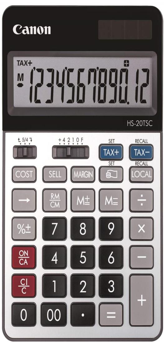 スタイル：電卓◆商品名：キヤノン 商売計算電卓 HS-20TSC 12桁 卓上電卓背面スタンドで電卓の角度が調整できるので、使いやすい重厚感ある本体ボディだから、打鍵時の安定感を重視する方におすすめ税率設定の変更も簡単だから、税率変更時にも便利原価、販売価格、利益率がワンタッチで簡単に計算できますビジネスユースに適した、12桁の卓上実務電卓商売計算電卓