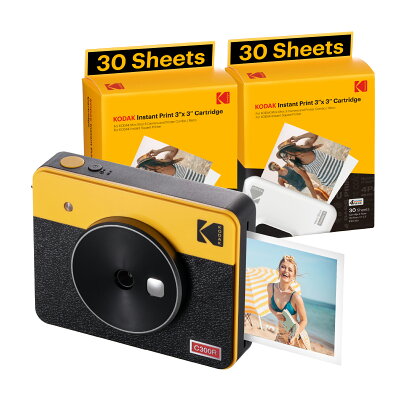 コダック KODAK Mini Shot 3 Retro 4PASS 2-in-1インスタントカメラ&フォトプリンター(7.6cmx7.6cm)+68枚バンドル,ホワイト,イエロー