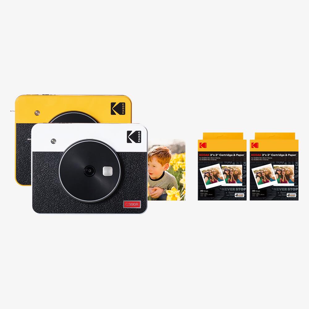 【10%ポイントバック】防水 チェキ コダック KODAK Mini Shot 3 Retro 4PASS 2-in-1インスタントカメラ＆フォトプリンター 7.6cmx7.6cm +68枚バンドル ホワイト イエロー お盆休み 夏休み 紅葉…