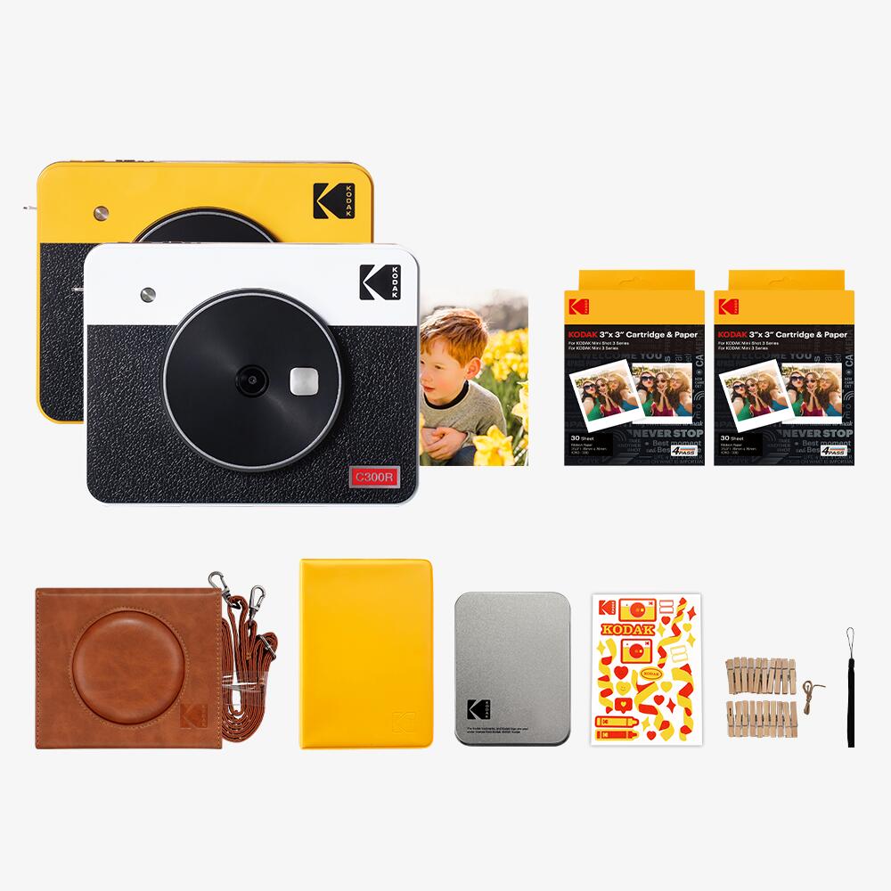 【10%ポイントバック】防水 チェキ コダック KODAK Mini Shot 3 Retro 4PASS 2-in-1インスタントカメラ＆フォトプリンター 7.6cmx7.6cm +68枚ギフトバンドル ホワイト イエロー