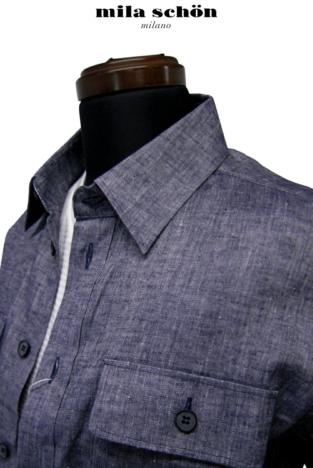 アウトレット ミラショーン メンズ シャツ アウター カバーオール 春夏物 リネン混 インディゴ デニム調 ブルー 軽量 無地 日本製 　メーカー 正規品