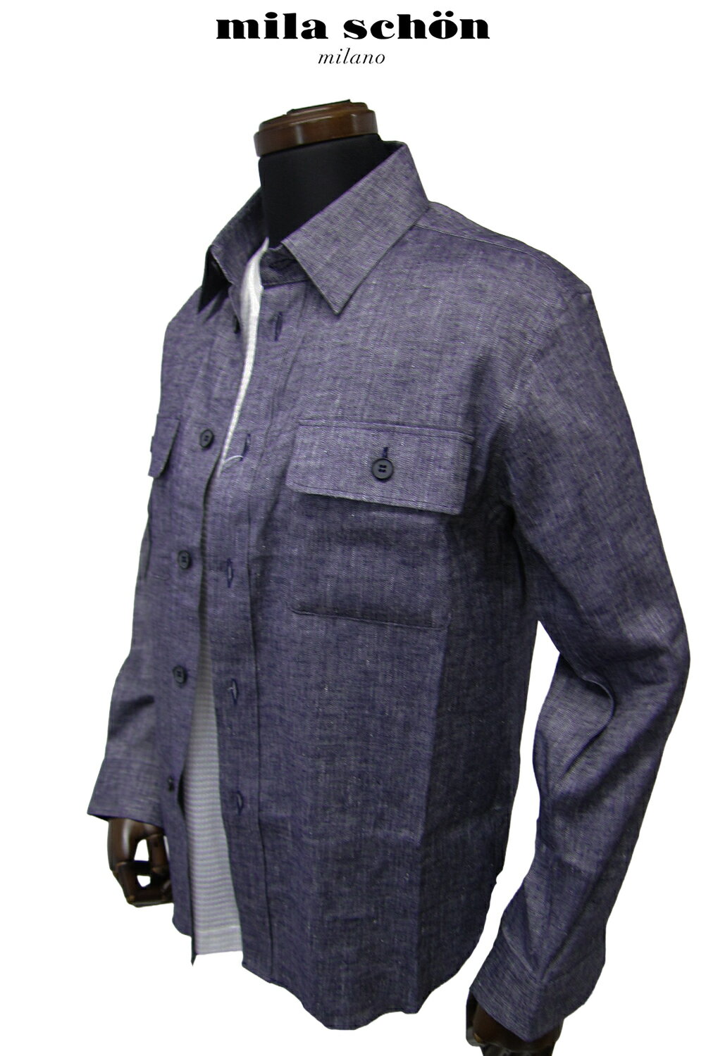アウトレット ミラショーン メンズ シャツ アウター カバーオール 春夏物 リネン混 インディゴ デニム調 ブルー 軽量 無地 日本製 　メーカー 正規品