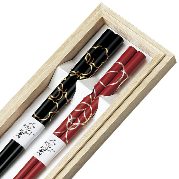 夫婦箸 箸 木製 日本製 桐箱入り 2膳 来客 越前漆器 うるし 艶 上品 木 漆塗 手塗 高級 縁 みやび箸 朱・黒 12-17002