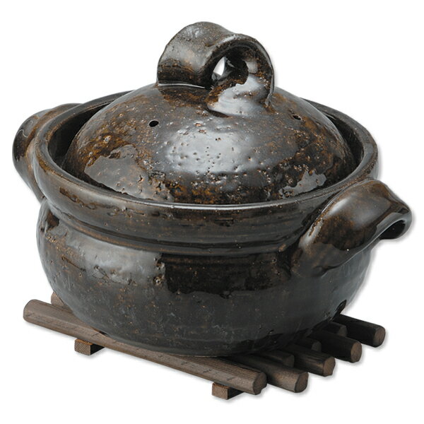 ご飯鍋 黒飴釉ご飯鍋 3合用 G5-3503 鍋 土鍋 炊飯 美味しい 直火 レンジ オーブン 焼杉鍋敷付