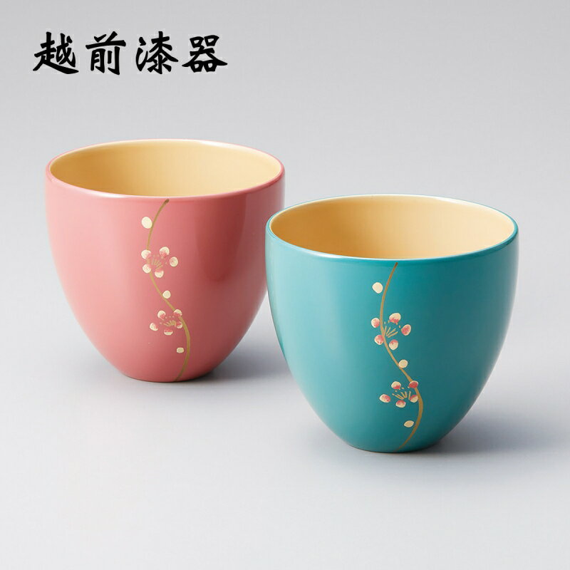お椀 夫婦椀 ペア 越前漆器 こぼれ梅 うるしカップ ピンク・モスグリーン 11-04703 雑煮 雑煮椀 漆器 漆塗 手塗 高級 おすすめ 椀 正月碗のサムネイル