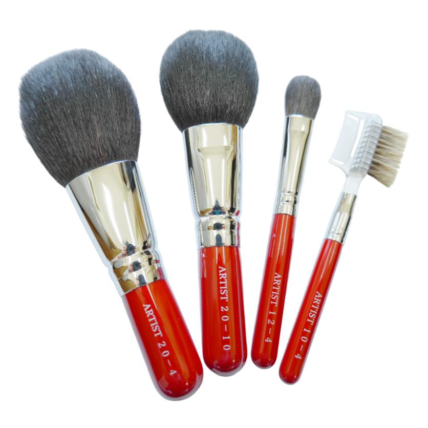 竹宝堂 熊野筆 メイクブラシ 高級 メイクブラシセット 4本 2万円弱セット 携帯用 赤短軸 4本セット ジャンボサイズ ボリューム満点 毛量たっぷり 大きい ...