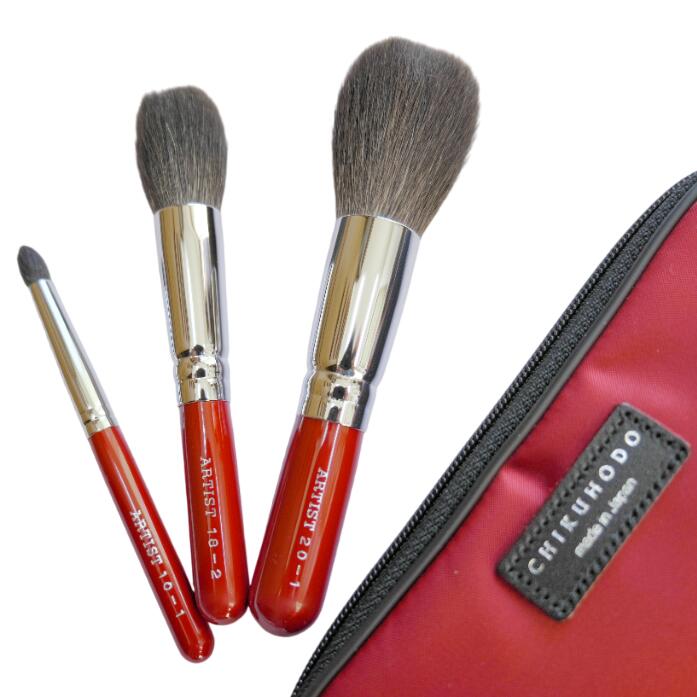 竹宝堂 熊野筆 メイクブラシ 最高級 メイクブラシセット 3本 3万円前後セット 携帯用 赤短軸 3本セット ブラシケース付 丸型 敏感肌 最上級 最高品質 化...