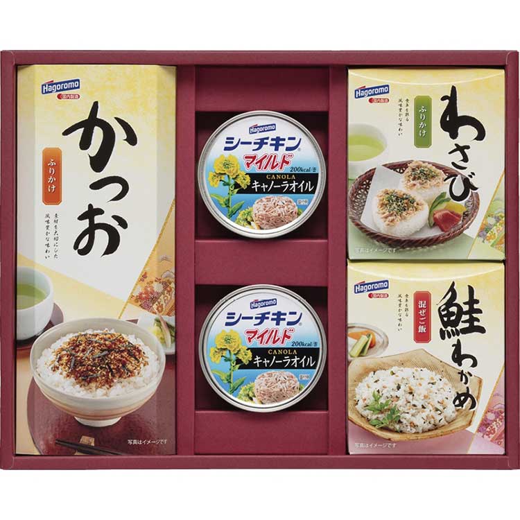 風味豊かな味付のりとシーチキンのギフト。ギフト専用シーチキンと味付けのりの詰め合わせです。■内容量：シーチキンマイルドキャノーラオイル（70g）×2、かつおふりかけ（5g×6袋）・わさびふりかけ（3.6g×4袋）・鮭わかめ混ぜご飯（3.2g×4袋）×各1■賞味期限：1年6ヶ月（期限まで1/2以上残った商品をお送りします）■箱サイズ：25.1×31.1×5.2cm■総重量：0.6kg◆ギフト対応：のしなど対応を承ります。 ◆名入れ対応：名入れ対応は行っておりません ◆メーカーより直送の為、他商品との同梱不可 ◆配達指定日について：商品のお届け時期をご確認ください。配達指定日・配達時間のご指定がある場合は、「ストアへのご要望」欄にご記載ください。尚、配達指定日は、お届け時期内で、ご注文より10日以上先を目安に余裕を持ってご指定ください。(土日祝を除く)ご要望に添えない場合は、最短にて発送させて頂きます。 ◆納品書等はお付けしておりません。ご希望の場合、備考欄にご記入ください。○のし対応についてこちらの商品の「のし表書き」は指定のし種類に限ります。尚、名入れには対応しておりませんので、ご了承ください。【指定可能のし表一覧】・御中元　　・御礼　　　・暑中御見舞・感謝　　　・残暑御見舞・御歳暮・御礼　　　・御年賀　　・感謝・御年始　　・粗品　　　・のし無・御見舞　　・無地のし　・御見舞御礼・内祝　　　・御供　　　・御祝・御仏前　　・快気祝　　・御佛前・快気内祝　・御霊前　　・全快祝・粗供養　　・出産内祝　・祖供養・婚礼内祝　・志　　　　・結婚内祝・新築内祝　・満中陰志　・誕生祝・そ　　　　・御挨拶　　・偲草・全快内祝