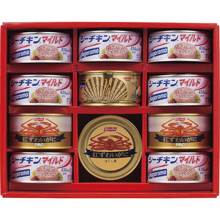 ■内容量：はごろもシーチキンマイルド（140g）×7、ニッスイ紅ずわいがにほぐし身（100g）×3、宝幸貝柱水煮ほぐし身（180g）×1■賞味期限：常温3年（期限まで1/2以上残った商品をお送りします）■箱サイズ：22.7×27.9×9.1cm■総重量：2.3kg◆ギフト対応：のしなど対応を承ります。 ◆名入れ対応：名入れ対応は行っておりません ◆メーカーより直送の為、他商品との同梱不可 ◆配達指定日について：商品のお届け時期をご確認ください。配達指定日・配達時間のご指定がある場合は、「ストアへのご要望」欄にご記載ください。尚、配達指定日は、お届け時期内で、ご注文より10日以上先を目安に余裕を持ってご指定ください。(土日祝を除く)ご要望に添えない場合は、最短にて発送させて頂きます。 ◆納品書等はお付けしておりません。ご希望の場合、備考欄にご記入ください。○のし対応についてこちらの商品の「のし表書き」は指定のし種類に限ります。尚、名入れには対応しておりませんので、ご了承ください。【指定可能のし表一覧】・御中元　　・御礼　　　・暑中御見舞・感謝　　　・残暑御見舞・御歳暮・御礼　　　・御年賀　　・感謝・御年始　　・粗品　　　・のし無・御見舞　　・無地のし　・御見舞御礼・内祝　　　・御供　　　・御祝・御仏前　　・快気祝　　・御佛前・快気内祝　・御霊前　　・全快祝・粗供養　　・出産内祝　・祖供養・婚礼内祝　・志　　　　・結婚内祝・新築内祝　・満中陰志　・誕生祝・そ　　　　・御挨拶　　・偲草・全快内祝