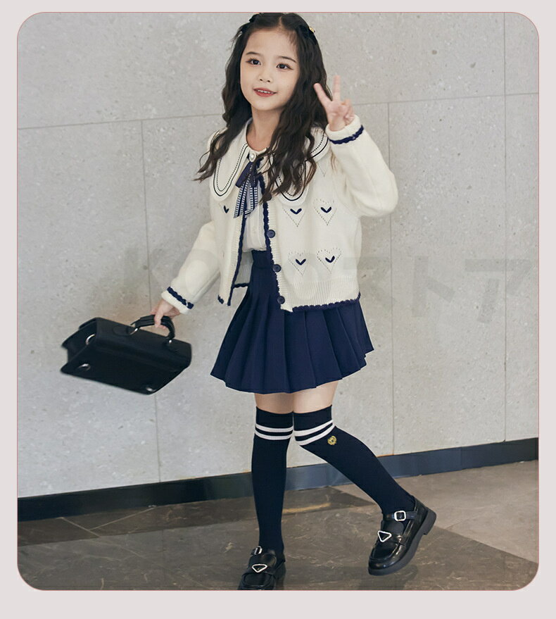 KODOストアのキッズ カジュアル カーディガンセット ナビー色スカート ホワイドシャツ ゆったり マウンテンパーカー 練習着 体操服 子供服 カジュアル セットアップ 常服 キッズ衣装 セットアップ カジュアルウェア 原宿系 演出服 おしゃれ ストレッチ｜アングル2