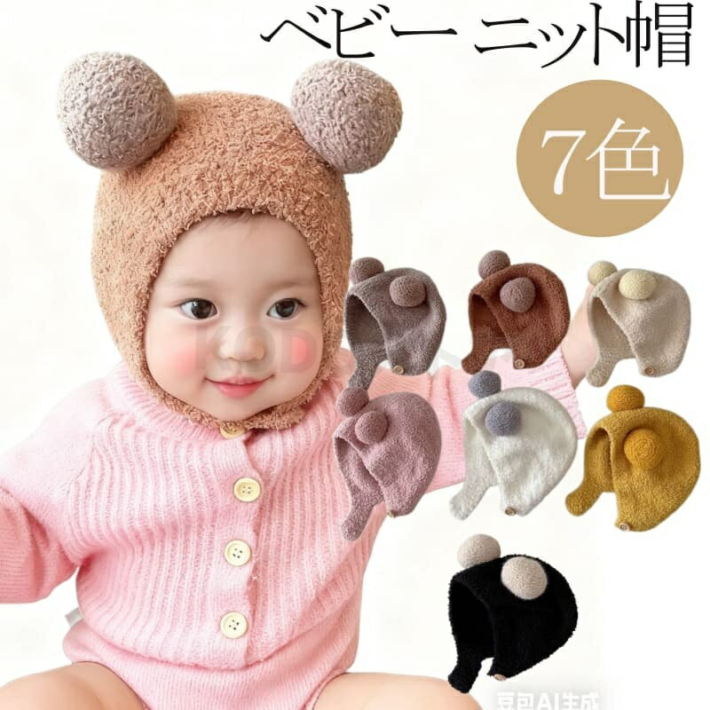 ベビー ニット帽 べびー ボタン留め ボンネット 帽子 耳 すっぽり 隠れる ボタン で 留める チクチクし..