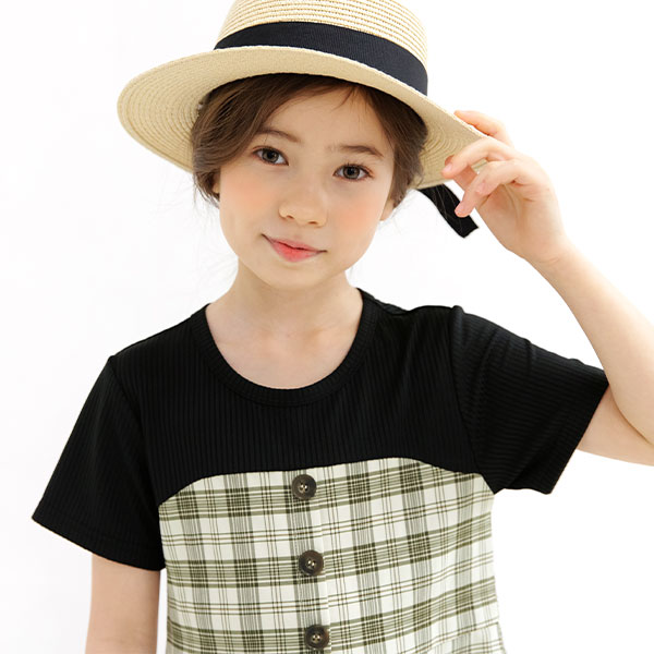 【22年SS新作】子供服 子ども服 こども服 キッズ 女の子 ワンピース リブ地 ドッキング 異素材切り替え 総柄 無地 半袖 春 夏 100 110 120 130 140 150 ◇ドッキングワンピース◇