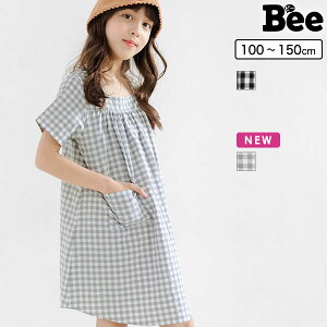 韓国子供服 韓国こども服 Bee キッズ 女の子 チェック ギンガムチェック チュニック バックオープン ブラック ホワイト 春 夏 ポケット 90 100 110 120 130 140 ◇半袖ワンピース◇