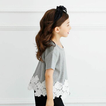 韓国子供服 韓国子ども服 韓国こども服 Bee キッズ カラバリ 女の子 Tシャツ チュニック プルオーバー 無地 レース 花 春 夏 90 100 110 120 130 140 150◇半袖トップス◇