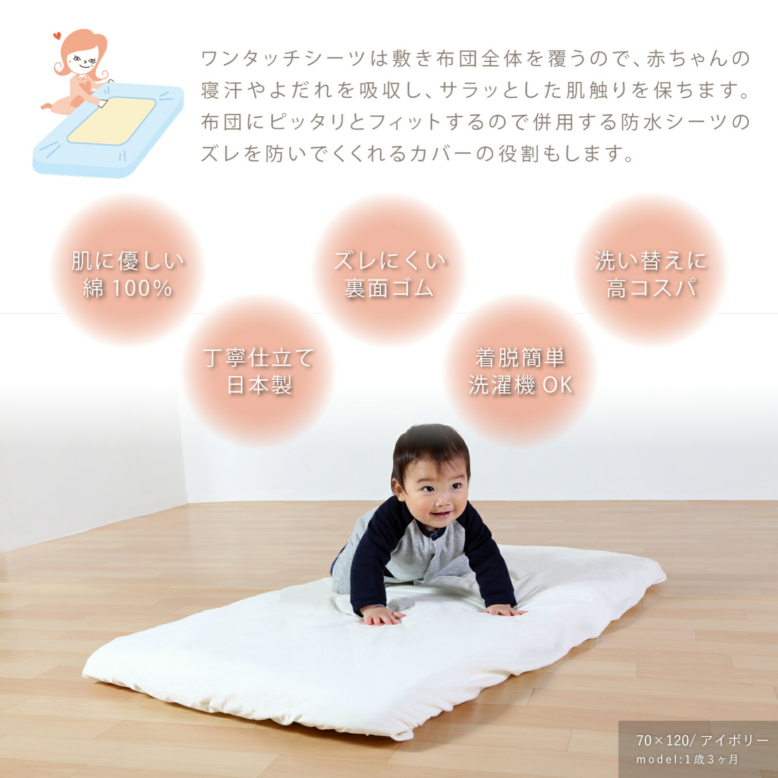 フィットシーツ ベビー ワンタッチシーツ ベビーサイズ 70×120cm対応 フィットシーツ ベビー ワンタッチシーツ ミニベビーサイズ 60×90cm対応 綿 ベビーシーツ 敷きふとんカバー 敷きカバー 敷き布団カバー 敷布団カバー 保育園 お昼寝 1歳 2歳 3歳 日本製 洗濯 2
