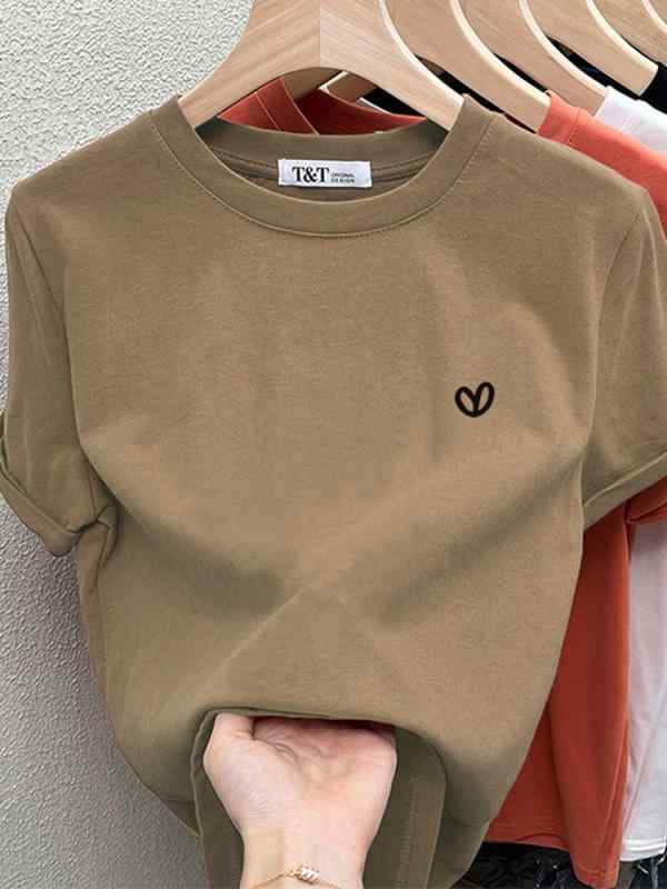 乐天商城 - Tシャツ 半袖 レディース ハート ワンポイント Uネック トップス S/M/L/2XL/XL コットン 綿 ホワイト 白 T シャツ 女性用 シンプル カジュアル プリントT 無地 トレンド ブランド ラウンドネック かわいい おしゃれ 大きいサイズ