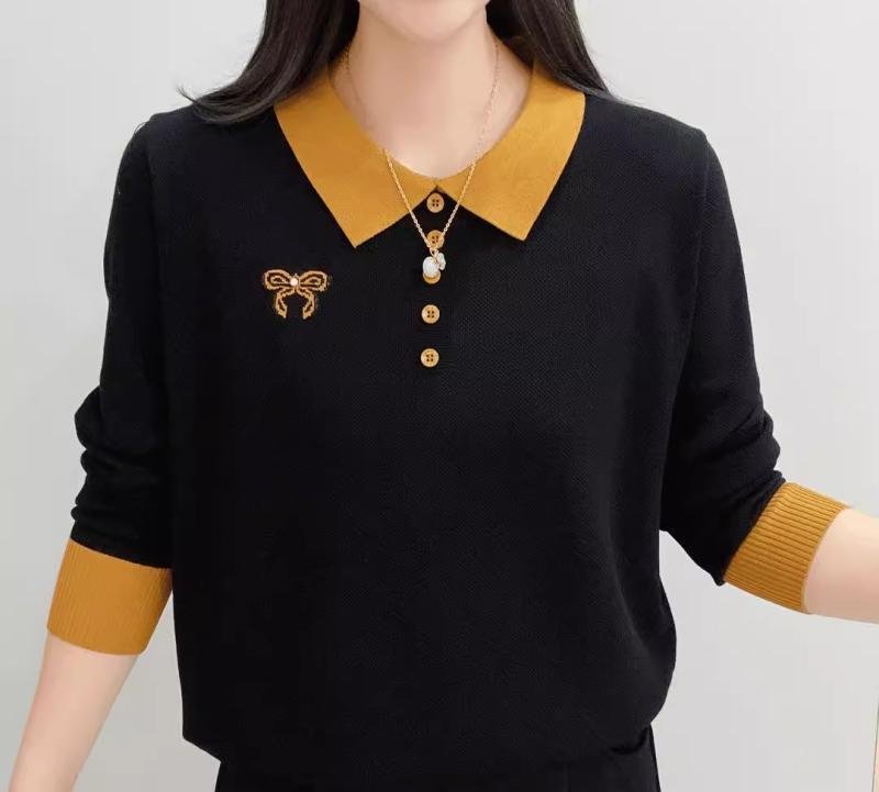 樂天商城 - コントラストカラー 刺繍入り ポロニット 7分袖 大きいサイズ レディース セーター 襟付き 女性用 カラー豊富 ニット ボタン 秋 冬 シンプル カジュアル 上品 お洒落 可愛い かわいい 韓国ファッション L XL 2XL 3XL 4XL 5XL