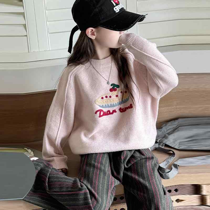 女の子 ルーズ ニットプルオーバー 柄 セーター ピンク 秋冬 新作 子供服 ファッショナブル 韓国 韓国..