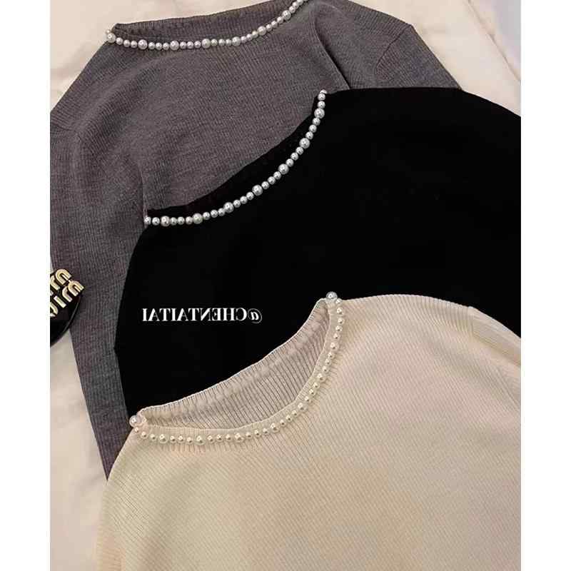 リブニット レディース イミテーションパール ブラック ホワイト グレー レッド S M L XL 2XL トップス ラウンドネック セーター 長袖 春 秋 シーズン スリムフィット ソフト きれいめ 上品 大人女子 大人可愛い デート おでかけ 通勤