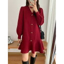 ワンピース レディース フリル ニット レッド ブラック 秋 冬 Vネック S M L XL 2XL 女性用 長袖 セーター スカート ゆったりウエスト フレン...