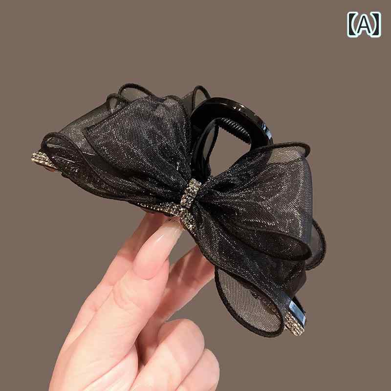 ヘアアクセサリー レディース 髪留め バンスクリップ シフォン リボン ラインストーン 上品 かわいい おしゃれ 光沢感 まとめ髪 黒 清楚 エレガント フォー...