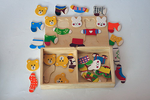 木のおもちゃ幼児教育木のパズルボックス入り着せかえパズルベアボーイ&ラビツト選んで!!無料ギフトラッピング