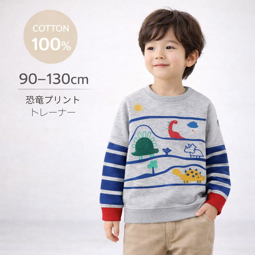 Rakuten - トレーナー 男の子 子供服 トップス 長袖 恐竜 キッズ ダイナソー ボーダー 切り替え グレー 90 100 110 120 130 春 秋 冬 スウェット 綿 コットン 幼稚園 保育園 通園 小学生 おしゃれ かっこいい かわいい プレゼント 贈り物 誕生日 プチプラ 人気 KOKO& ココアンド