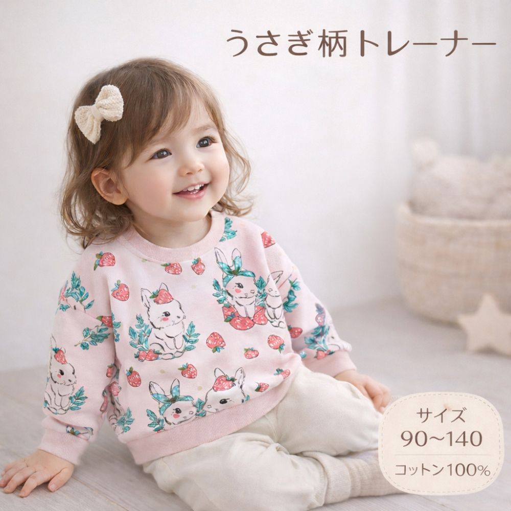 乐天商城 - 【送料無料】 キッズ トレーナー 女の子 子供服 トップス 長袖 ウサギ うさぎ イチゴ いちご ストロベリー ピンク 90 100 110 120 130 春 秋 冬 スウェット 綿 コットン 保育園 幼稚園 通園 おしゃれ かわいい ギフト プレゼント 贈り物 誕生日 プチプラ