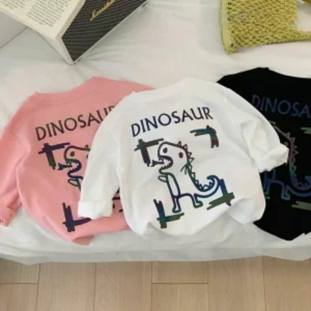 乐天商城 - トレーナ 子供服 ロンt 男の子 女の子 恐竜 キッズ 子ども服 Tシャツ 長袖Tシャツ tシャツ ブラック ホワイト ピンク 部屋着 保育園 恐竜図鑑 ロンt 兄弟 お揃い トップス 綿100 コットン100％ おしゃれ かっこいい 100 110 120 130 KOKO& ココアンド