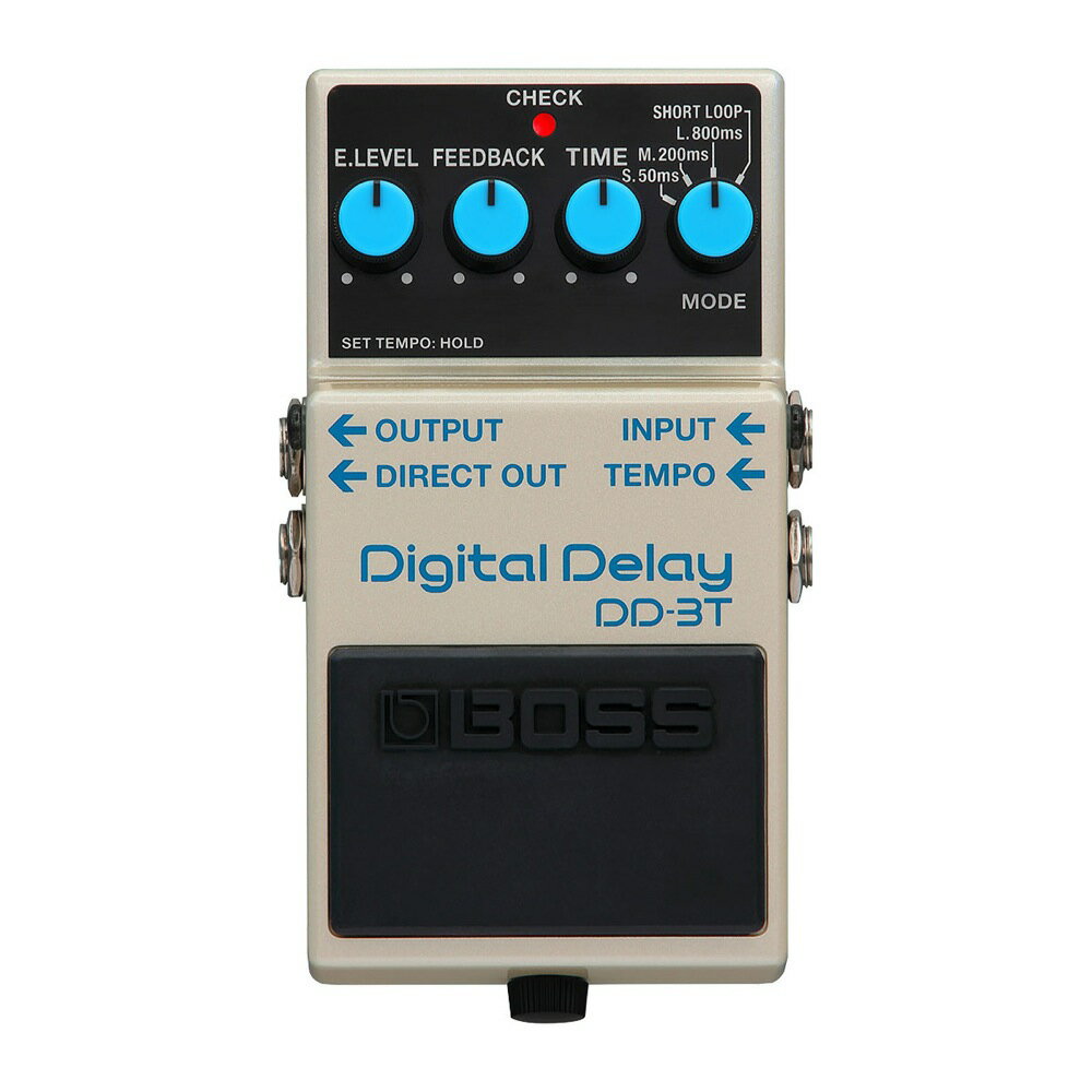 DD-3 Digital Delayは、1986年のデビュー以来、 その象徴的なサウンドとシンプルな操作性によ り、今もなお、世界中のギタリストから高い支 持を得ています。DD-3TはDD-3が持つ不朽のディ レイ・サウンドと直感的な操作性はそのままに、 機能性を強化したモデルです。本体のスイッチ または外部フットスイッチを使用してディレイ のテンポ設定が可能となり、設定する音符の長 さは3種類から選択できます。また、ダイレクト ・アウト端子はアウトプット端子側にレイアウ ト。ダイレクト／エフェクト音を個別で出力す る際の接続がよりスムーズに行えるようになり ました。 ・DD-3のサウンド、シンプルな操作性はそのままに機能性を強化 ・即座にサウンドを調整可能なイージー・オペレーション ・ディレイ・タイムは12.5msから800msまで、3つのタイム・レンジによりスピーディーかつ細かなセッティングが可能 ・本体スイッチ、もしくは外部フットスイッチによるタップ・テンポ入力が可能 ・DD-3のHOLD効果を得たり、フレーズ・ループを作成したりできるSHORT LOOPモード ・ダイレクト音を個別出力するためのダイレクト・アウト端子 ・アウトプット端子とダイレクト・アウト端子を同一サイドにレイアウト ・安心の長期5年保証 ●電源：アルカリ電池（9V 形）、AC アダプター（別売） ●消費電流：45mA ●連続使用時の電池の寿命（使用状態によって異なります）アルカリ電池：約11.5時間 ●外形寸法：73（幅）× 129（奥行）× 59（高さ）mm ●質量（乾電池含む）：420g　